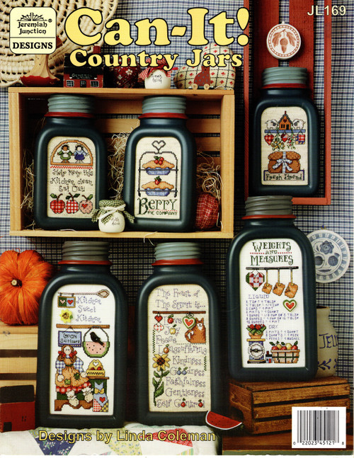 Jeremiah Junction Can-It Country Jars counted cross stitch leaflet. Linda Coleman. Weights and Measures, Kitchen Sweet Kitchen, Fresh Bread, Berry Pie Company, Help Keep This Kitchen Clean, Fruit of the Spirit