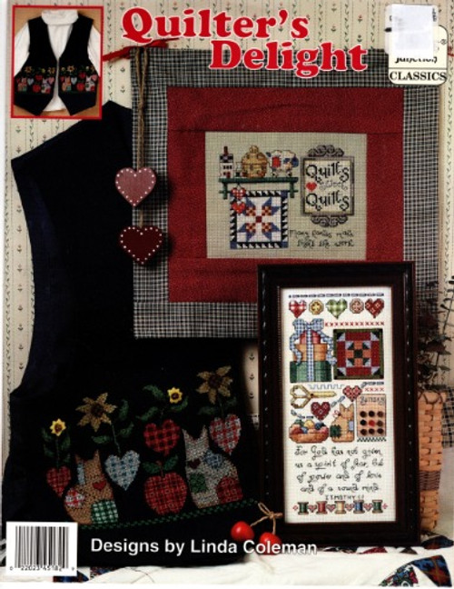 Jeremiah Junction Quilter's Delight cross stitch leaflet. Linda Coleman. Cat Vest, Stitcher's Sampler, Quilt Sweet Quilts.