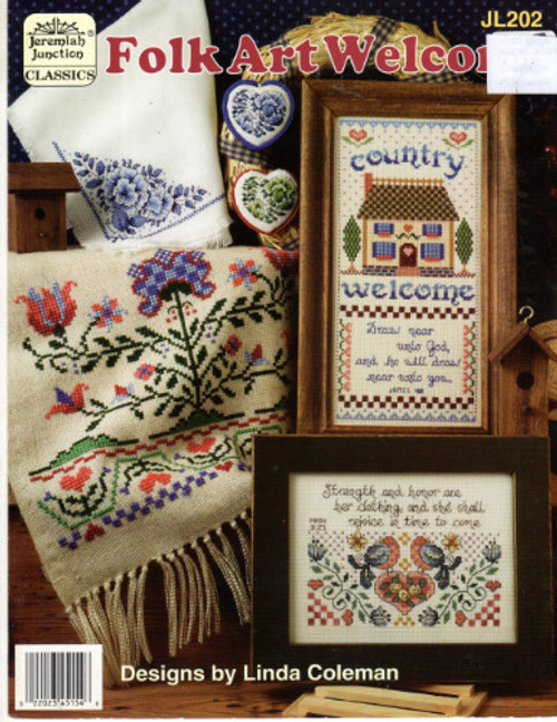Jeremiah Junction Folk Art Welcome counted cross stitch leaflet. Linda Coleman.