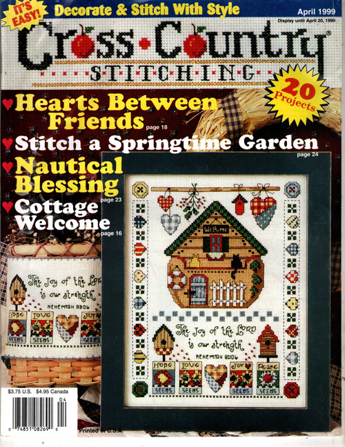 Cross Country Stitching April 1999 Cross Stitch Pattern magazine. Linda Coleman. Noah's Ark, French Heart Cheese Molds, Hearts n Ovals, Rejoice Always, Stitching Room, Welcome to Our House, Friendship Angels, Wonders in the Deep, The Lord Bless You