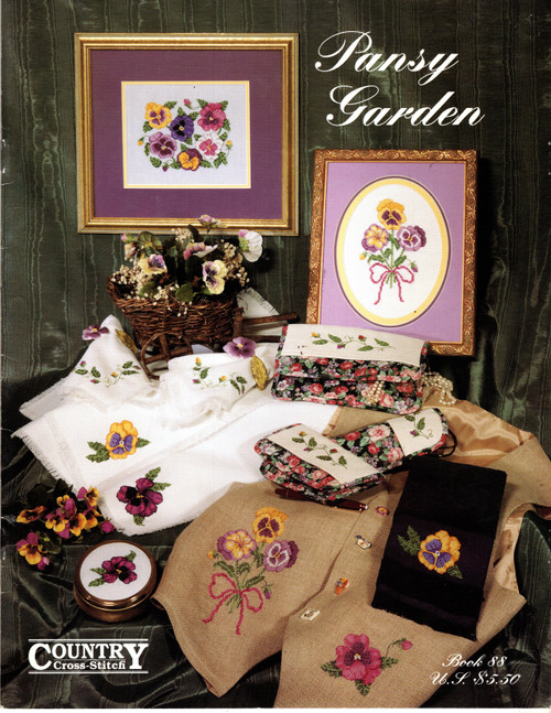 Country Cross Stitch Pansy Garden Counted Cross Stitch Pattern booklet. Viola, Single Yellow Pansy, Basket of Pansies, Single Purple Pansy, Large Bud Vine, Small Bud Vine, Large Pansy Border, Small Pansy Border, Pansy Bouquet, Pansy Corners, Pansy Garden, Corner Bud Vine