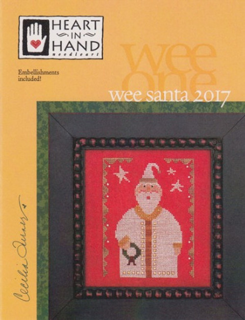 Heart in Hand Wee One Wee Santa 2017 counted cross stitch pattern leaflet with embellishment pack