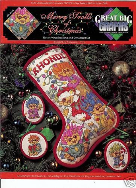 True Colors Merry Trolls of Christmas Great Big Graphs Cross Stitch Pattern booklet. Maureen J Irvin. Stocking and ornament set