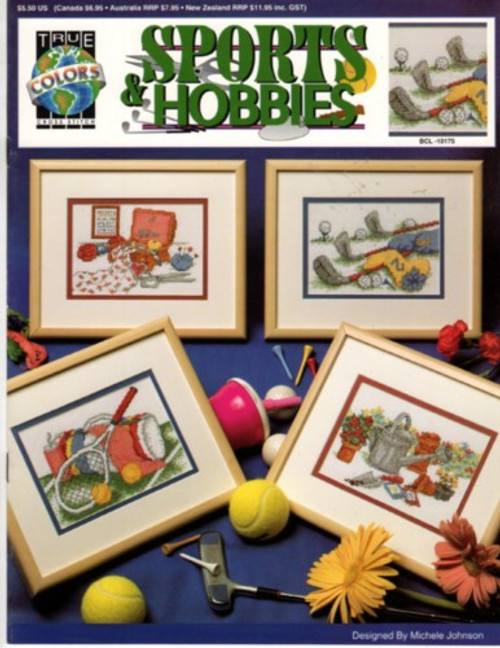 True Colors Sports and Hobbies Cross Stitch Pattern booklet. Michele Johnson. Gardening, Sewing, Tennis, Golf.