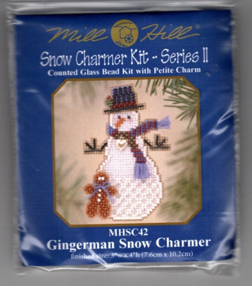 Mill Hill Gingerman Snow Charmer Snow Charmer Kit Series II Counted Cross Stitch Kit. This kit is from the 2003 series. The kit contains Beads, petite charm, 14ct perforated paper, needles, floss, chart and instructions