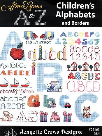 Alma Lynne A to Z Children's Alphabets and Borders counted cross stitch booklet. 34 pages of alphabets and borders. Soccer Alphabets, Baseball Alphabet, Football alphabet, Golf Alphabet, A is for Apple Alphabet, Patchwork Alphabet, 14 Alphabets, Border and Motifs, Character Alphabets, Candle Alphabet, Alphabet with Motifs