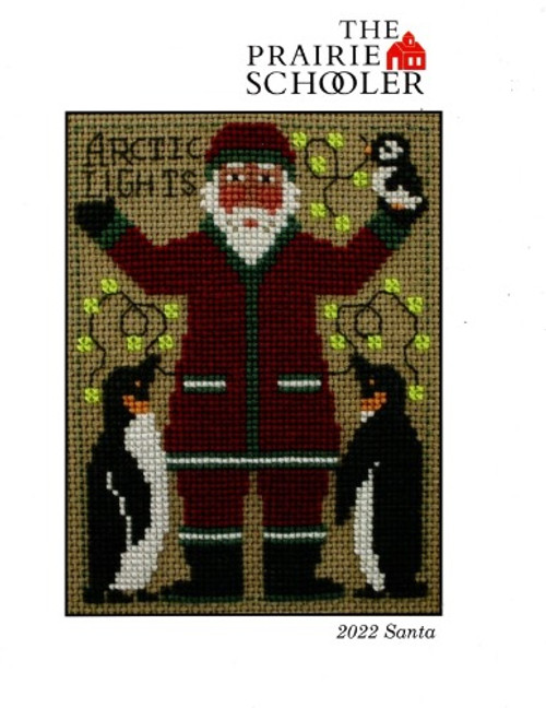 The Prairie Schooler Santa 2022 cross stitch card.