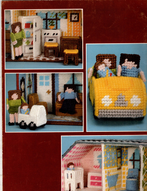 American School of Needlework Plastic Canvas Dollhouse Book plastic canvas pattern booklet. Living Room, Bathroom, Kitchen, Nursery, stove, sofa, chair, crib, buggy, mother, car, picnic table, bed, night table, baby, toilet, vanity, dresser, coffee table, kitchen stool, father, kitchen table, refrigerator