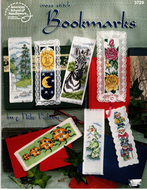 American School of Needlework Cross Stitch Bookmarks Counted Cross Stitch Pattern booklet. Mike Vickery. Frogs, Vegetables, Stuffed Toys, Teddies, Roses, Hummingbirds, Ladybugs, Dolphins, Celestial, Little Angels, Tiger, Zebra, Mountain Scene, Ship At Sea, Daffodil, Japanese Iris