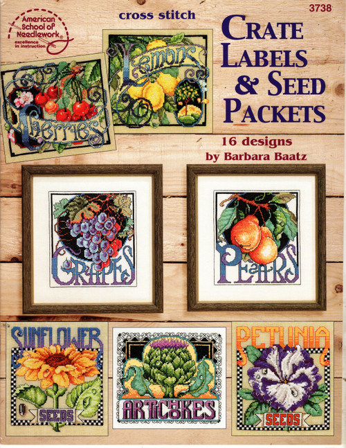 American School of Needlework Cross Stitch Crate Labels & Seed Packets Counted Cross Stitch pattern booklet. Barbara Baatz. 16 designs. Carrots, Peppers, Dahlia Seeds, Hollyhock Seeds, Eggplant, Artichokes, Grapes, Pears, Petunia Seeds, Sunflower Seeds, Pomegranate, Radishes, Oranges, Tomatoes, Lemons, Cherries