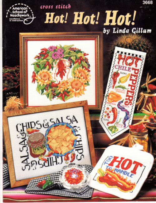 American School of Needlework Cross Stitch Hot! Hot! Hot! Counted Cross Stitch Pattern booklet. Linda Gillum. Indian Woman, Chili Lover, Chili Dog, Pepper Wreath, Chili Pepper Sampler, Hot and Spicy, Habanero, Hot!, Too Hot To Handle, Pepper Ristra, Mini Wreath, Haute Cuisine, Triple Play, Chips and Salsa, Hot Stuff