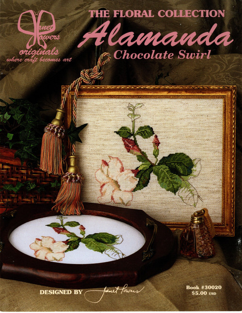 Janet Powers Originals Alamanda Chocolate Swirl counted cross stitch leaflet. From the Floral Collection