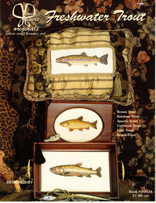 Janet Powers Originals Freshwater Trout counted cross stitch booklet. Brown Trout, Rainbow Trout, Apache Trout, Cutthroat Trout, Lake Trout, Brook Trout
