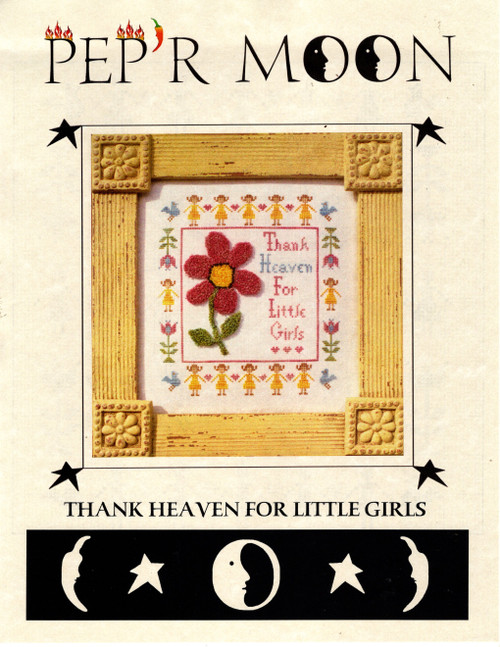 Pep'r Moon Thank Heaven for Little Girls cross stitch chartpack. Cross stitch and punchneedle design.