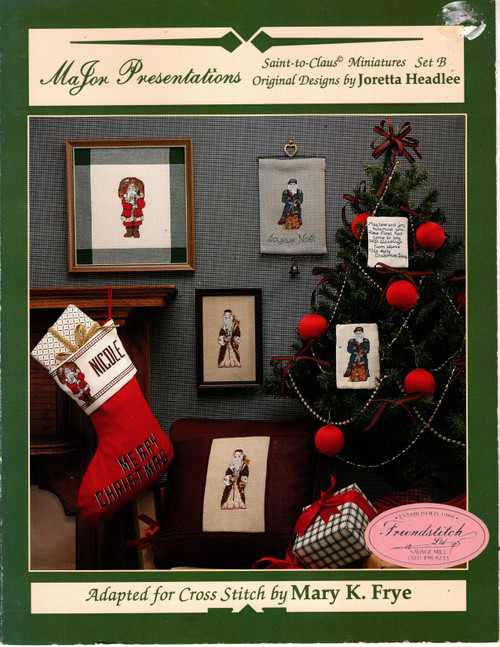 MaJor Presentations Saint to Claus Miniatures Set B counted cross stitch booklet. Adapted for cross stitch by Mary K Frye. Original artwork by Joretta Headlee. Santa Claus USA, 13th Century, Pere Noel