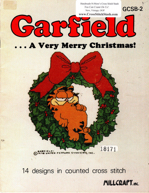Millcraft Inc. Garfield A Very Merry Christmas counted cross stitch booklet. Simone Miller. Wreath, Stocking Stuffer, Little Helper, Christmas Tree, Feed Me, Drummer Cat, Here's Santa, Santa Circle, Ornaments Star, Santa, Angel, Moon, Skating, Ride Em Reindeer