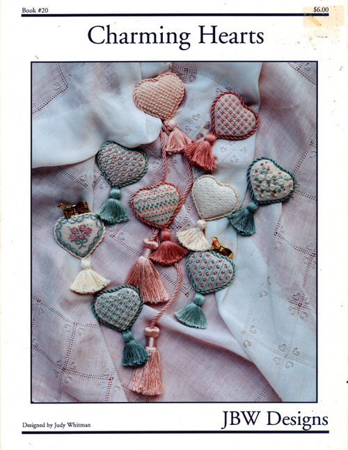 JBW Designs Charming Hearts Counted cross stitch pattern leaflet. Jeweled Stripe, Rosettes with beads and french knots, Pearl Clusters, Wallpaper Stripe, White on White, Horizontal Stripe, Button Bouquet, Diagonal Flowers, Plaid JBW Designs Charming Hearts Counted cross stitch pattern leaflet. Jeweled Stripe, Rosettes with beads and french knots, Pearl Clusters, Wallpaper Stripe, White on White, Horizontal Stripe, Button Bouquet, Diagonal Flowers, Plaid