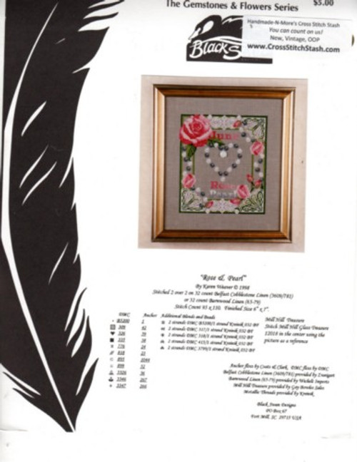 Black Swan Rose and Pearl Gemstones & Flowers Series Counted cross stitch pattern. Karen Weaver.