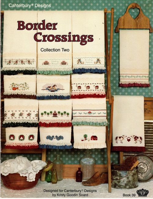 Canterbury Designs BORDER CROSSINGS COLLECTION TWO Cross Stitch Pattern booklet. Christmas Wreath Border, Farm Scene Border, Tender Hearted Cows, Rocking Horse, Flower border, Sheep Parade, Country Bouquet Border, School Days, Country Hoedwon, Hearts and Vines Border, Autumn Fence Border, Love Birds Border, Christmas Bear Border, Cherry Basket Border