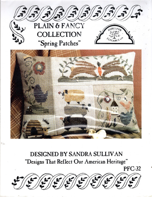 Homespun Elegance Plain and Fancy Collection Spring Patches Cross Stitch Pattern chartpack. Sandra Sullivan. Hoppin Hares, Flower Garden, Bluebird, Bee Skep, Stack of Sheep