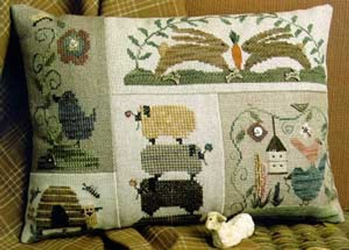 Homespun Elegance Plain and Fancy Collection Spring Patches Cross Stitch Pattern leaflet. Sandra Sullivan. Hoppin Hares, Flower Garden, Bluebird, Bee Skep, Stack of Sheep.
