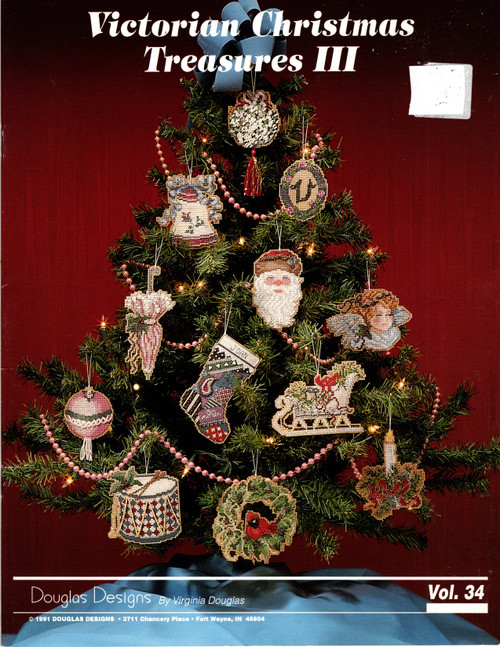 Douglas Designs Victorian Christmas Treasures III counted cross stitch booklet. Christmas Bell, Candle, Sleigh, Tasseled Ornament, Cherub, Santa, Wreath, Initial/Frame, Parasol, Stocking, Mistletoe, Drum