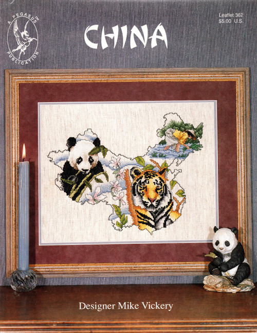 Pegasus Continents China counted cross stitch leaflet. "A collage containing many types of plants and wildlife found on the continent of China." Mike Vickery