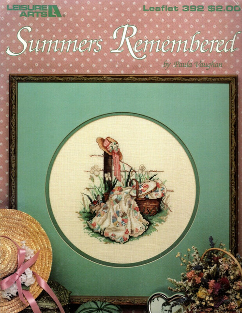 Leisure Arts SUMMERS REMEMBERED Paula Vaughan Cross Stitch Pattern leaflet. Full color charted designs. Pink Ribbon, Blue Bonnet.