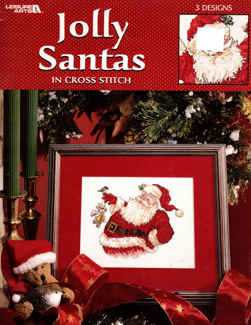 Leisure Arts Jolly Santas Counted Cross Stitch Pattern booklet. Moonlight Santa, Hooray for Christmas, Jolly Old Elf.