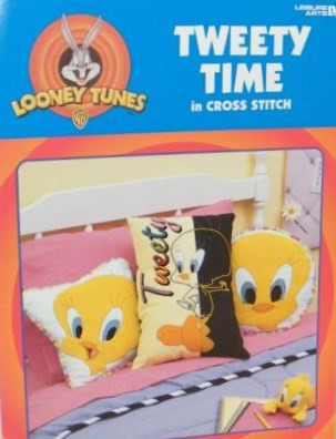 Leisure Arts Looney Tunes Tweety Time Counted Cross Stitch pattern booklet. Tweety Diary, Tweet Collage Board, Tweety pocket organizer, Tweety door sign, Tweety custom framed, Tweety square pillow, Tweety rectangle pillow, Tweety afghan, Tweet Clock, Tweety with umbrella, Lookin Good, Tweety tote bag, Tweety round pillow, Tweety A Work of Art, Tweet Bulletin board, Tweety Photo Album