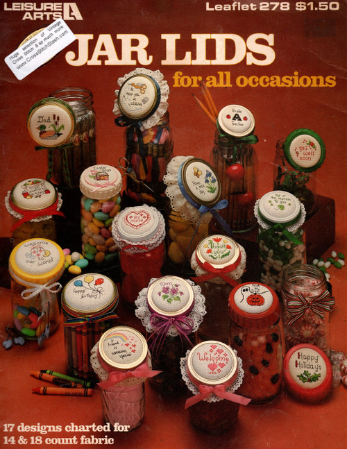 Leisure Arts Jar Lids Cross Stitch Pattern leaflet. Anne Van Wagner Young. 17 designs for 14 and 18 count fabric