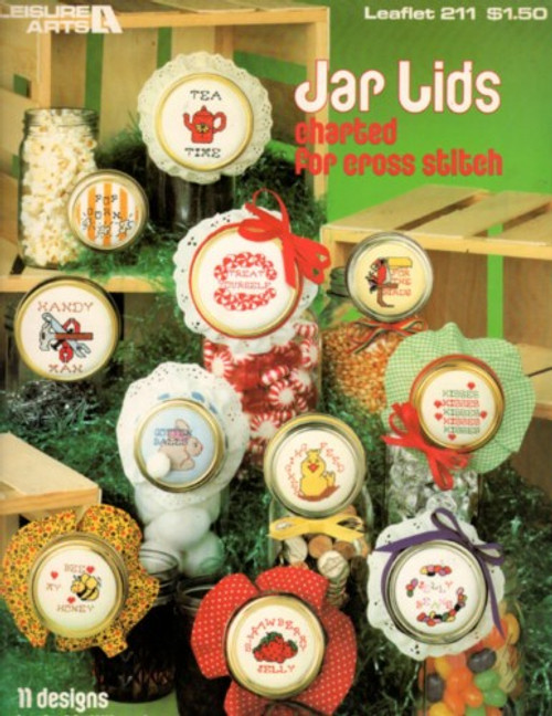 Leisure Arts Jar Lids charted for Cross Stitch Pattern leaflet. Bunny, Popcorn, Bee, Strawberry, Kisses,Jelly beans, For the Birds, Tea Time, Chicken Feed, Handy Man, Treat Yourself.