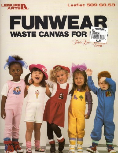 Leisure Arts Funwear Waste Canvas for Kids Counted Cross Stitch Pattern booklet. Terrie Lee Steinmeyer. Blocks, Bear in Red, Duckling, Bear in Blue, Ice Cream Cone, Santa, Reindeer, Snowman, Clown, Jet Plane, Christmas Cat, Balloons, Green Dino, Purple Dino, Palm Tree, Bunny, Bunny with Carrot, Bunny in Yellow, Elephant, Bunny in Green, Crayons, Cat Silhouette, Ballet Slippers, School Bus, Toucan