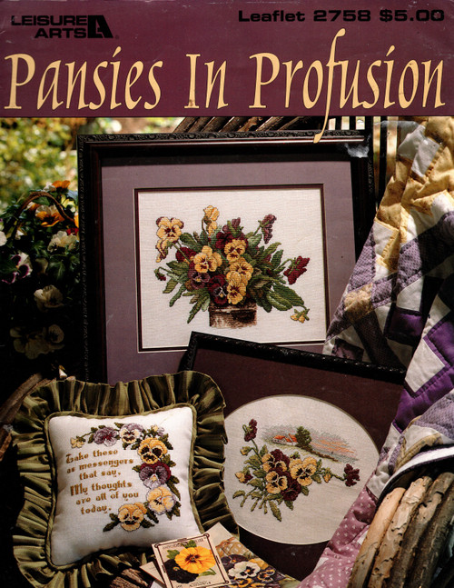 Leisure Arts Pansies in Profusion Counted Cross Stitch Pattern booklet. Pansies and Woodland Scene, Pansy Messengers, Pansies in Profusion, Pansies and Ribbon, Pansies and House Scene, Pansy, Pansy Borders