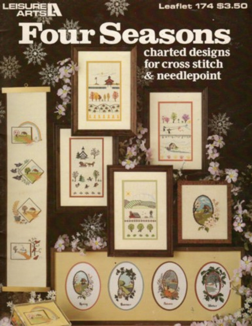 Leisure Arts Four Seasons Cross Stitch and needlepoint Pattern booklet. Anne Van Wagner Young. Spring Rainbow, Summer Bluebirds, Autumn Squirrel, Winter Cardinals, Spring Oval, Summer Oval, Winter Oval, Autumn Oval, Spring Sampler, Autumn Sampler, Summer Sampler, Winter Sampler