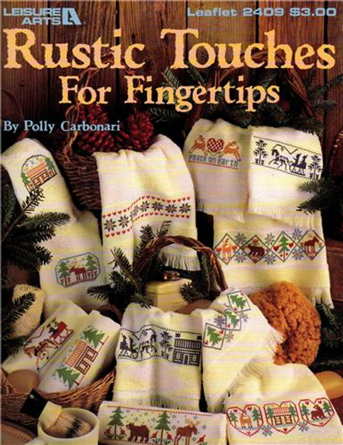 Leisure Arts Rustic Touches for Fingertips Cross Stitch pattern leaflet. Polly Carbonari. Moose, Deer, Bear, Horse drawn sleigh, Cabin, Snowflakes