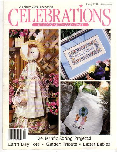 Leisure Arts Celebrations Magazine Spring 1992 cross stitch and craft magazine. 24 projects. Happy Little Pigs Polly Carbonari, Ireland, Antique Florals, Think Chocolate Sam Hawkins, Rosie Rabbit, Welcome, Out to Lunch, Bunny Trail, Save the Planet Polly Carbonari, Easter Babies Lorraine Birmingham, and more