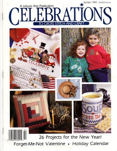 Leisure Arts Celebrations Magazine Winter 1992 cross stitch and craft magazine. 26 projects. Bearobics, Hobbies of the Heart, Soup Linda Gillum, Celebrate, Dancing Bunny, Cherries, Mittens, Woodland Deer, Forget Me Not, Mid Winter Portrait, Pie Magnets, Pansies, and more