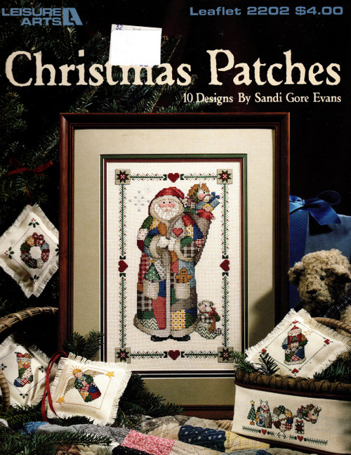 Leisure Arts Christmas Patches Cross Stitch Pattern booklet. Sandi Gore Evans. Full color charted designs.Large Angel, Large Wreath, Christmas Border, Large Santa, Large Stocking, Medium Santa, Small Stocking, Small Wreath, Small Santa, Small Angel