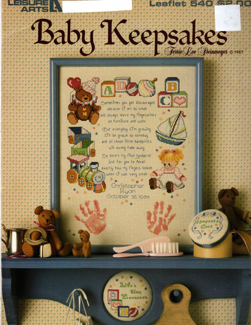 Leisure Arts Baby Keepsakes counted Cross Stitch Pattern leaflet. Terrie Lee Steinmeyer. Handprint Sampler, Keepsake Curl, Tiny Treasures, alphabet for personalization