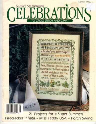 Leisure Arts Celebrations Magazine Summer 1993 cross stitch and craft magazine. Clowning Around Sam Hawkins, Summer's Herbs, A Beary Good Year July Bear, August Bear, Daughter's Day