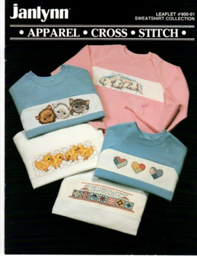 Janlynn Sweatshirt Collection counted cross stitch leaflet. Kittens, Bunnies, Country Hearts, All Cooped Up, Quilt blocks, Spring Garden, Summer Breeze, Autumn Leaves, Let It Snow