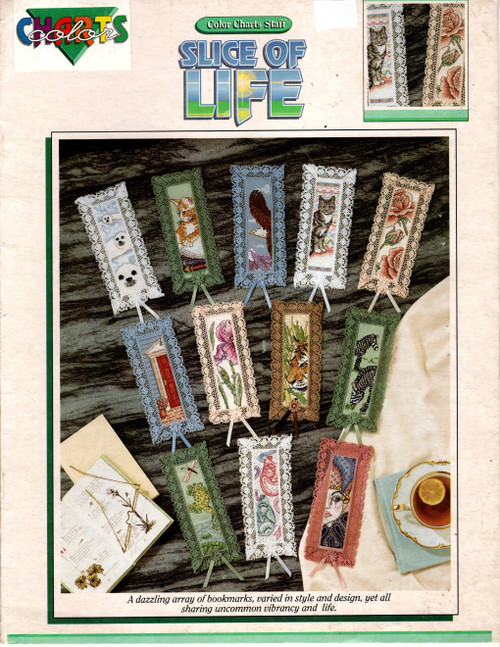 Color Charts Slice of Life Cross Stitch Pattern booklet. Bookmarks. Front door, Cat, Tiger, Grey Cat, Zebra, Seal, Frog and Dragonfly, Masks, Jester, Rose, Iris, Eagle