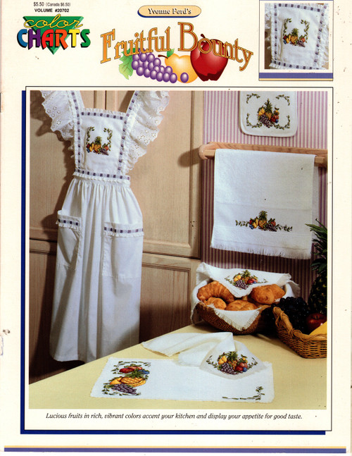 Color Charts Fruitful Bounty Counted Cross Stitch Pattern booklet. Yvonne Ford. Placemat, Apron, Napkin/Breadcover, Potholder, Fingertip Towel designs