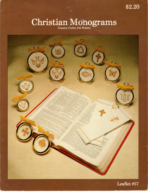 Country Crafts Christian Monograms counted cross stitch pattern leaflet. Pat Waters. The Butterfly, The Calvary Cross, Chi Rho, The Scroll, The Circle and The Triangle, The Jerusalem Cross, The Anchor Cross, Grapes, The Fish, The Manger, The Alpha and the Omega, The Lyre, The Latin Cross, The Cross and Crown, The Triangle