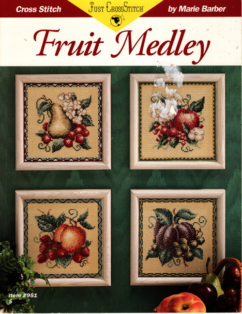 Just Cross Stitch Fruit Medley Counted Cross Stitch Pattern leaflet. Plums, Peaches and Strawberries, Apples and Cherries, Pears and Grapes