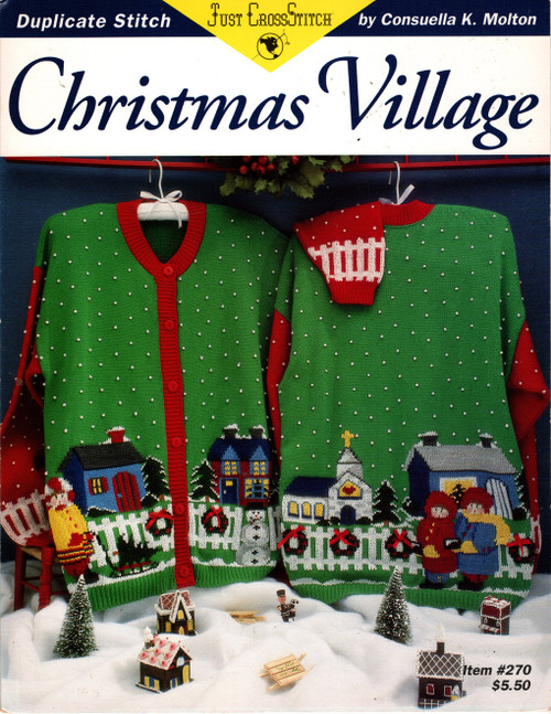 Just Cross Stitch Christmas Village counted cross stitch leaflet. Consuella K Molton. Houses, Church, Carolers, Snowman, Fence, Wreaths