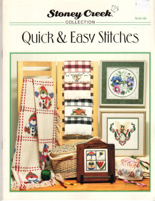 Stoney Creek Quick and Easy Stitches Counted cross stitch pattern booklet. Angel Heart, Cuddle Up Snowman, Cozy Birdhouse, Winter Red Bird, Hearts for All Seasons, Spring Tote, Springtime Pansies, Spring Daffodils, Symbols of the Season, Heart Sampler, Fall Harvest, Tea Time Covers, Tea Time Apron