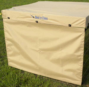 Dog exercise pen side screen made of marine-grade, coated 100% polyester protects your dog from sun, wind, weather and distractions. Made in Canada Dog exercise pen side screen made of marine-grade, coated 100% polyester protects your dog from sun, wind, weather and distractions. Made in Canada