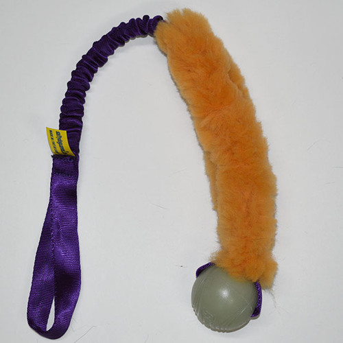 Non-toxic sheepskin fur dog toy with Chuckit Max Glow medium ball. 